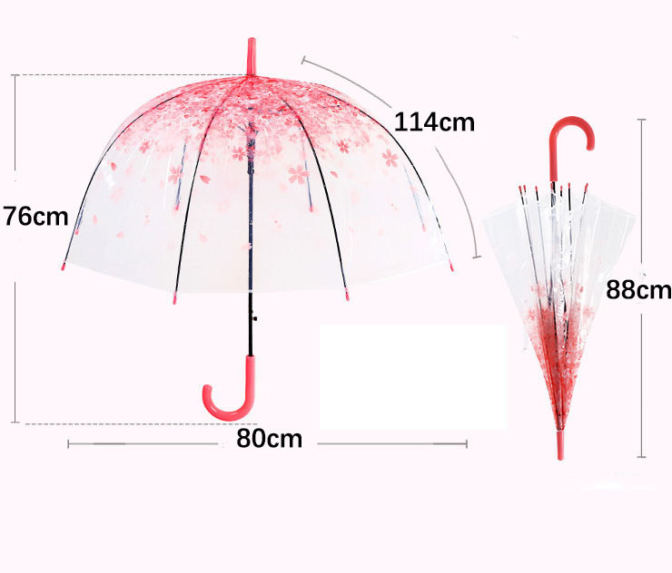 Wholesale Kids Straight Handle Clears Arch Cherry Blossom Umbrella Transparent OEM Cheap Advertising Travel  Umbrella