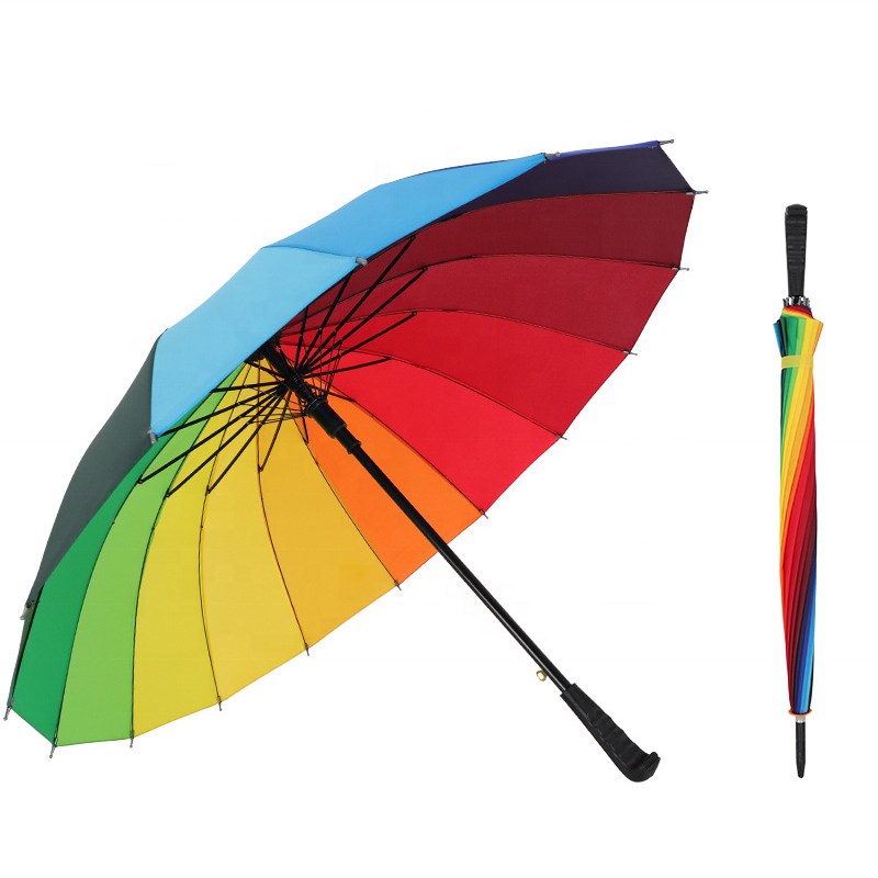 16 Ribs Market Iridescent Umbrellas Automatic Straight Handle Rain Parasol Colorful Rainbow Golf Umbrella