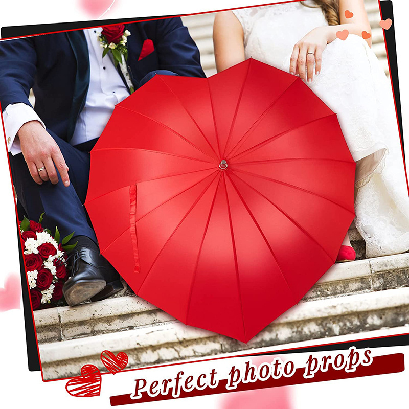 Unique Canopy heart wedding Parasol Sun and Rain Manual Fiberglass Long Straight Wedding Heart Shaped Umbrella for bride