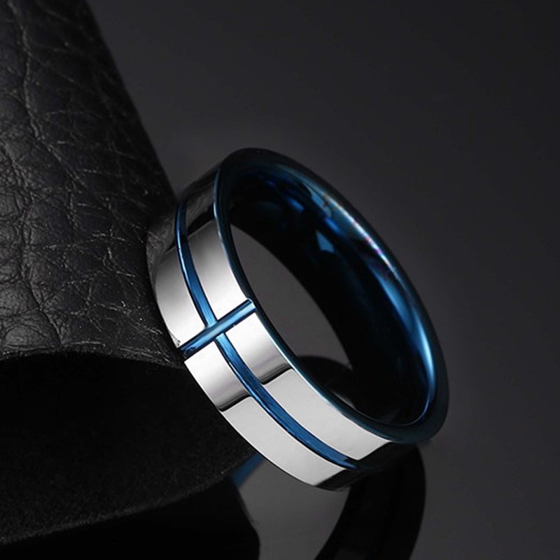 Tungsten Steel Fashion Jewelry Titanium Steel Cross Blue Rings for Men Wedding Gift