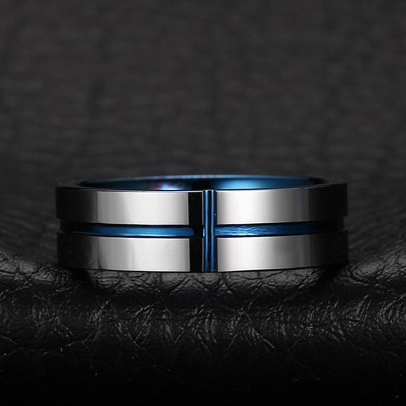 Tungsten Steel Fashion Jewelry Titanium Steel Cross Blue Rings for Men Wedding Gift