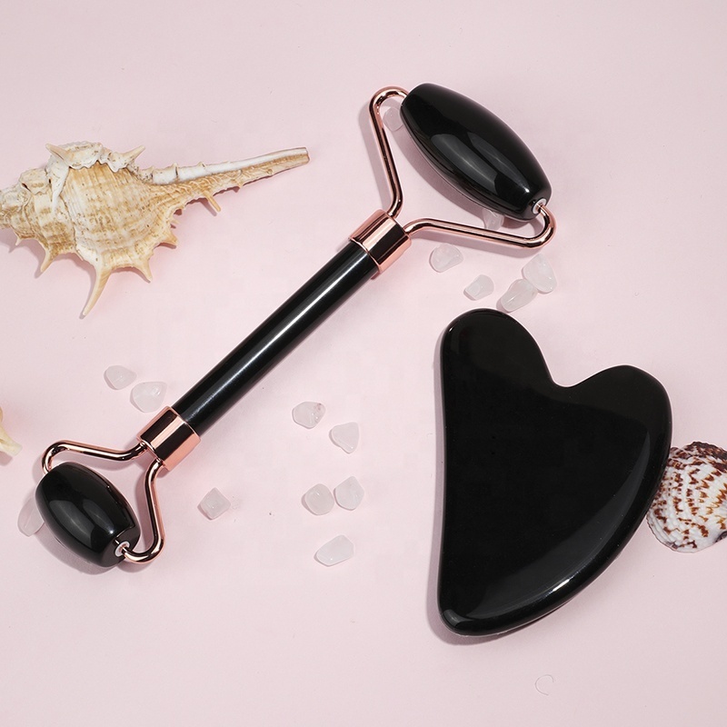 Hanhe Wholesale Black Jade Roller Gua Sha Massage Tool Set with Box Black Obsidian Guasha Facial Roller Set