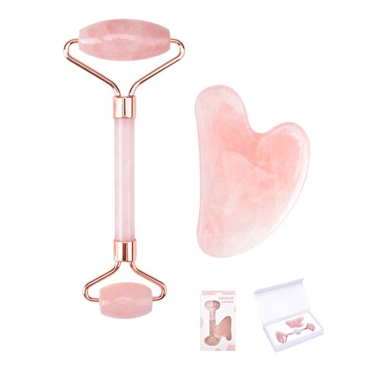 Hanhe Wholesale Rose Quartz Face Massage Roller Guasha Set Natural Stone Facial Massager Jade Roller and Gua Sha Set