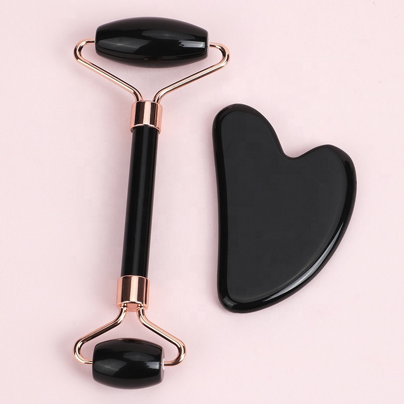 Hanhe Wholesale Black Jade Roller Gua Sha Massage Tool Set with Box Black Obsidian Guasha Facial Roller Set