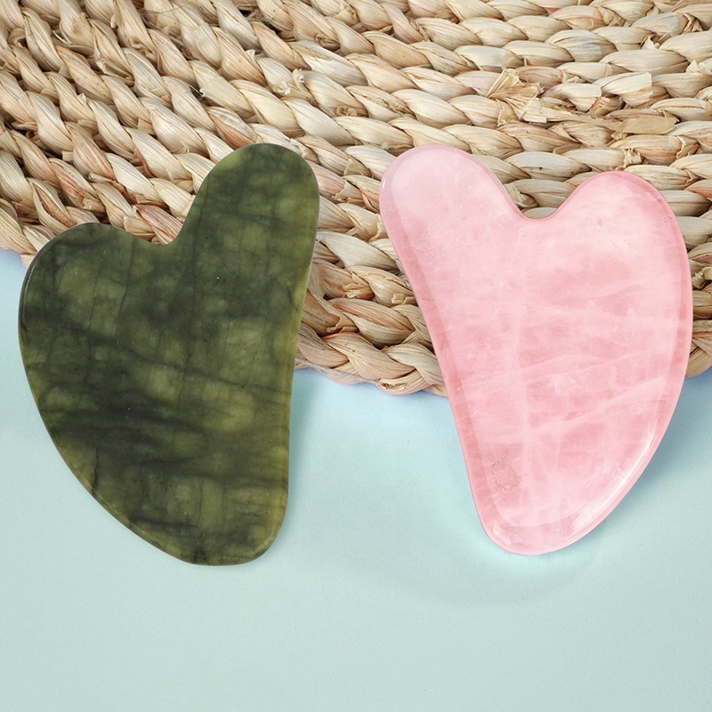 Hanha Natural Jade Crystal Guasha Stone Green Pink Facial Massage Tool Green Jade Rose Quartz Heart Shaped Gua Sha