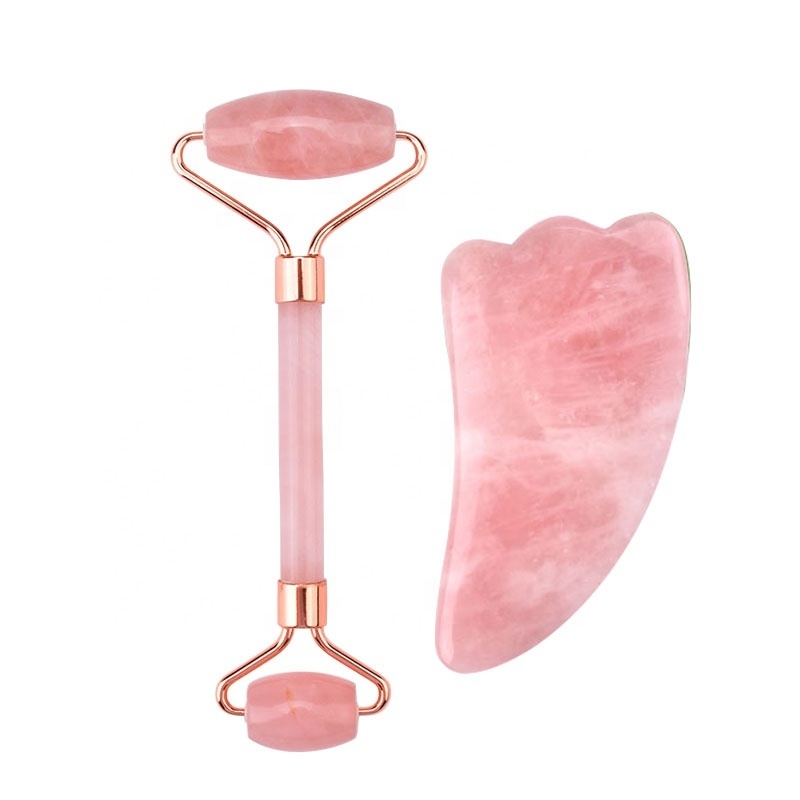 Natural Rose Quartz Jade Facial Massage Tools Set Custom Logo Stone Gua Sha and Jade Face Roller