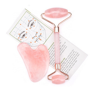 Beauty Facial Massage Tool Rouleau de Quartz Rose Massage Gift Set  Rose Quartz Jade Roller and Gua Sha Set with Box