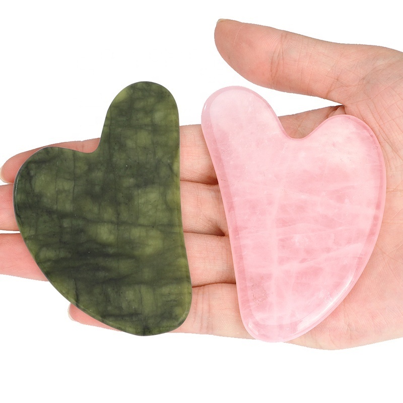 Hanha Natural Jade Crystal Guasha Stone Green Pink Facial Massage Tool Green Jade Rose Quartz Heart Shaped Gua Sha