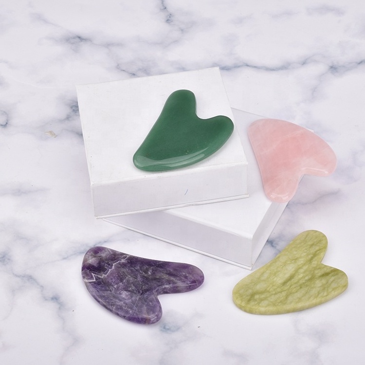 Hot Selling Natural Jade Guasha Board Heart Shape Crystal Face Massage Tool Rose Quartz Gua Sha Stone