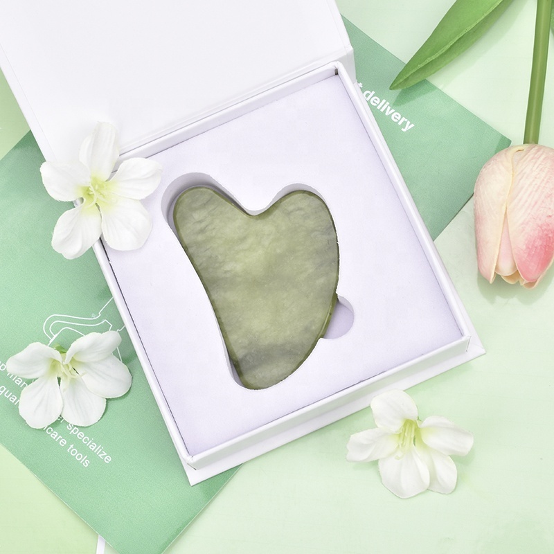 Hanhe OEM Natural Stone Facial Massage Tool Authentic Jade Guasha Heart Shaped Green Jade Gua Sha