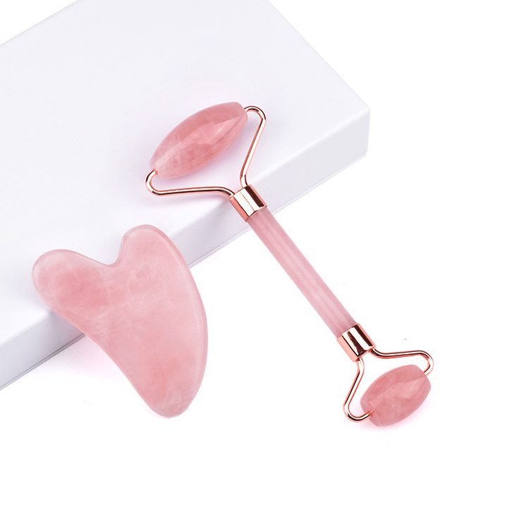 Jade Roller Gua Sha Set Best Seller Rose Quartz Natural Jade Noise Free Roller Pink 3 in 1 set Body Double Slimming Massager