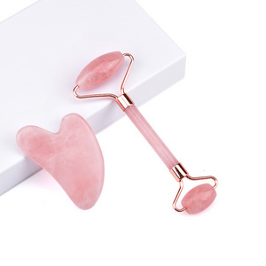 Jade Roller Gua Sha Set Best Seller Rose Quartz Natural Jade Noise Free Roller Pink 3 in 1 set Body Double Slimming Massager