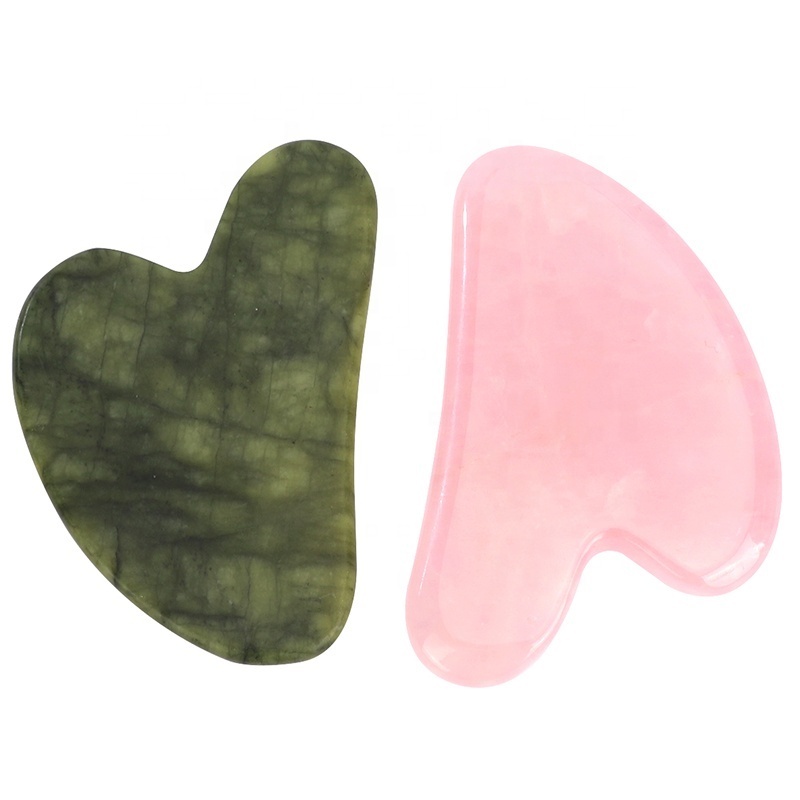 Hanha Natural Jade Crystal Guasha Stone Green Pink Facial Massage Tool Green Jade Rose Quartz Heart Shaped Gua Sha