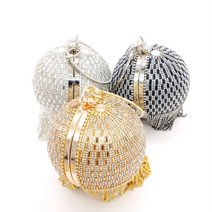 Newest woman gold glitter women tassel party silver purse diamond handbags wedding luxury round ball clutch ladies evening bag