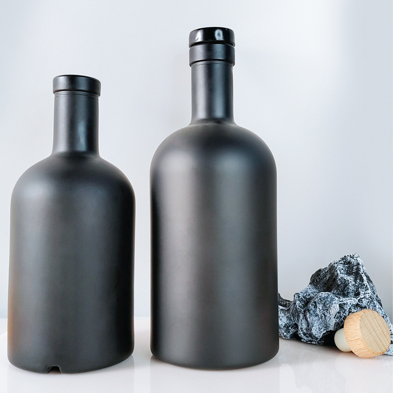 Matte Black Glass Gin Bottle 500ml 750ml Frosted Black Spirit Liquor Vodka Glass Wine Bottle 750ml glass olive oil bottle