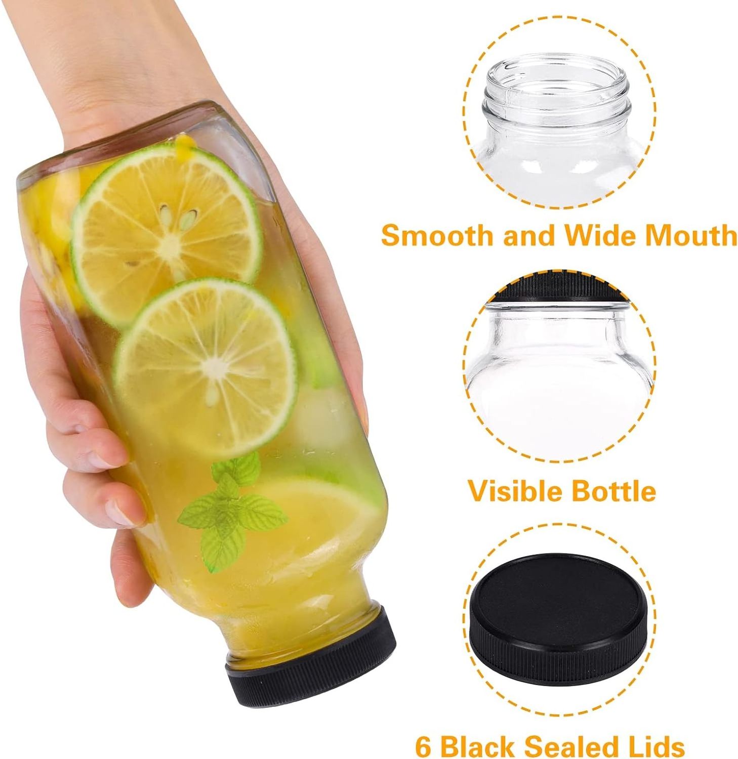 8oz 12oz 16oz 250ml 350ml 500ml Clear French Beverage Square Glass Bottle for Fruit Juice Bottles With Airtight Screw Cap