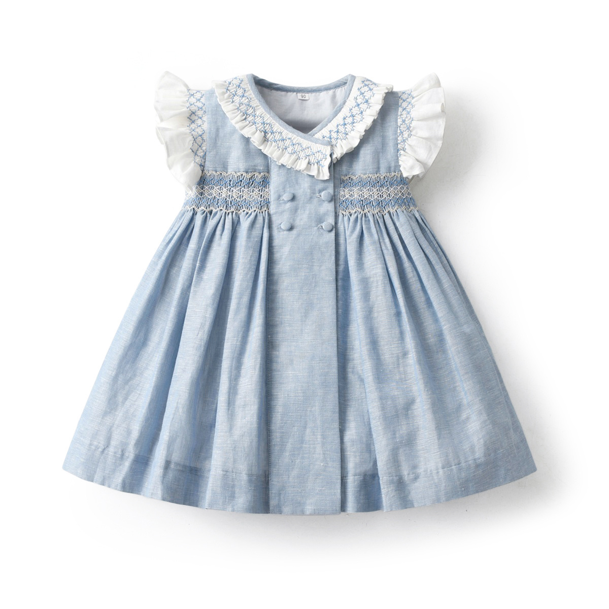 Wholesale Kids Costumes Summer Casual Ruffle Sleeve Denim Hand Made Smock Dress Baby Girl Clothes Smocked Girls Dresses