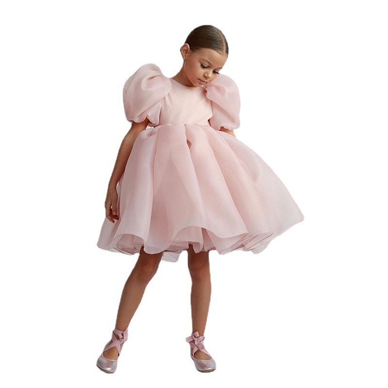 Wholesale Solid Color Ruffle Bow Sleeve Kids Luxury Flower Baby Girls Tutu Dresses Birthday Party Princess Dress For Girl