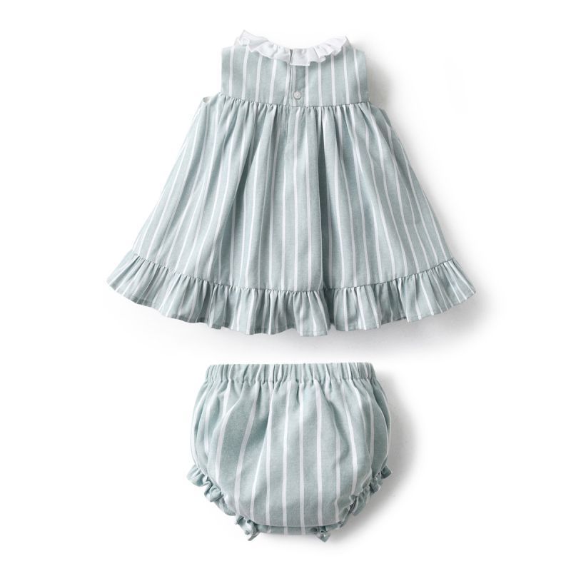 2024 Baby Girl Green Striped Dress Lace Collar Children Spanish Clothes Set 6M-3T Toddler Summer Sleeveless Frocks with Panty