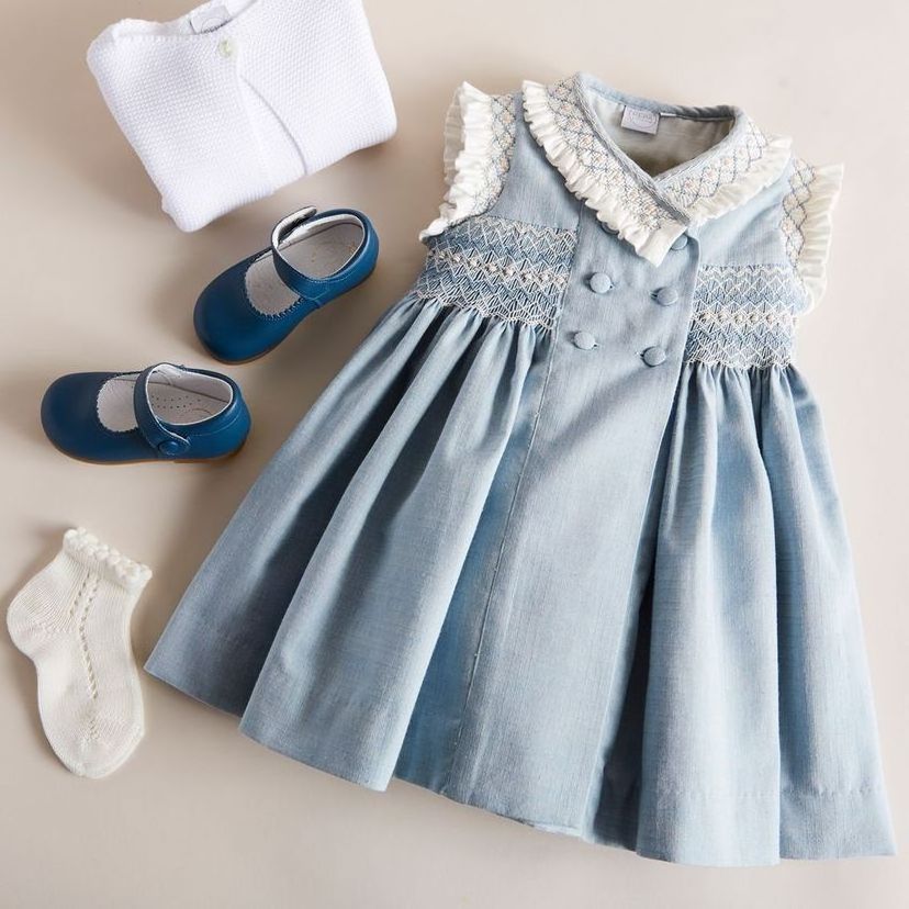 Wholesale Kids Costumes Summer Casual Ruffle Sleeve Denim Hand Made Smock Dress Baby Girl Clothes Smocked Girls Dresses