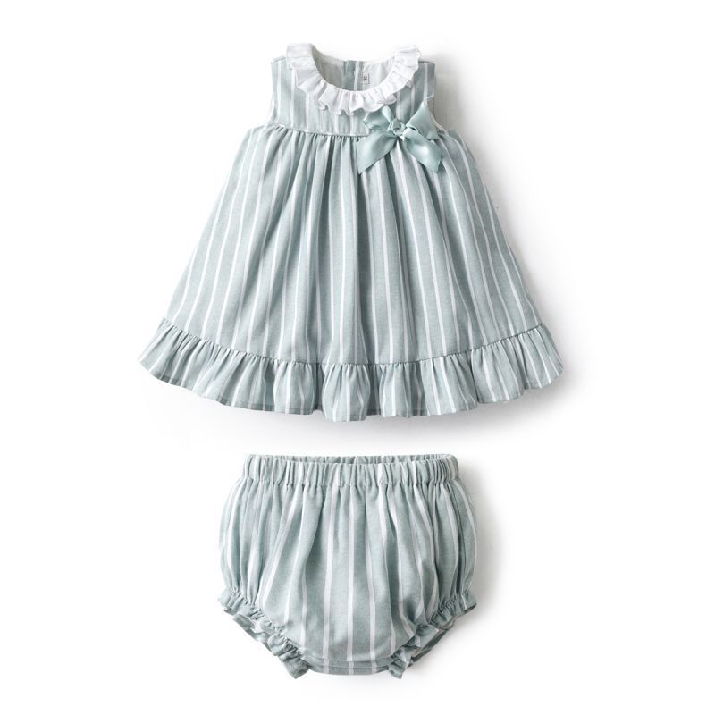 2024 Baby Girl Green Striped Dress Lace Collar Children Spanish Clothes Set 6M-3T Toddler Summer Sleeveless Frocks with Panty