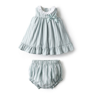 2024 Baby Girl Green Striped Dress Lace Collar Children Spanish Clothes Set 6M-3T Toddler Summer Sleeveless Frocks with Panty