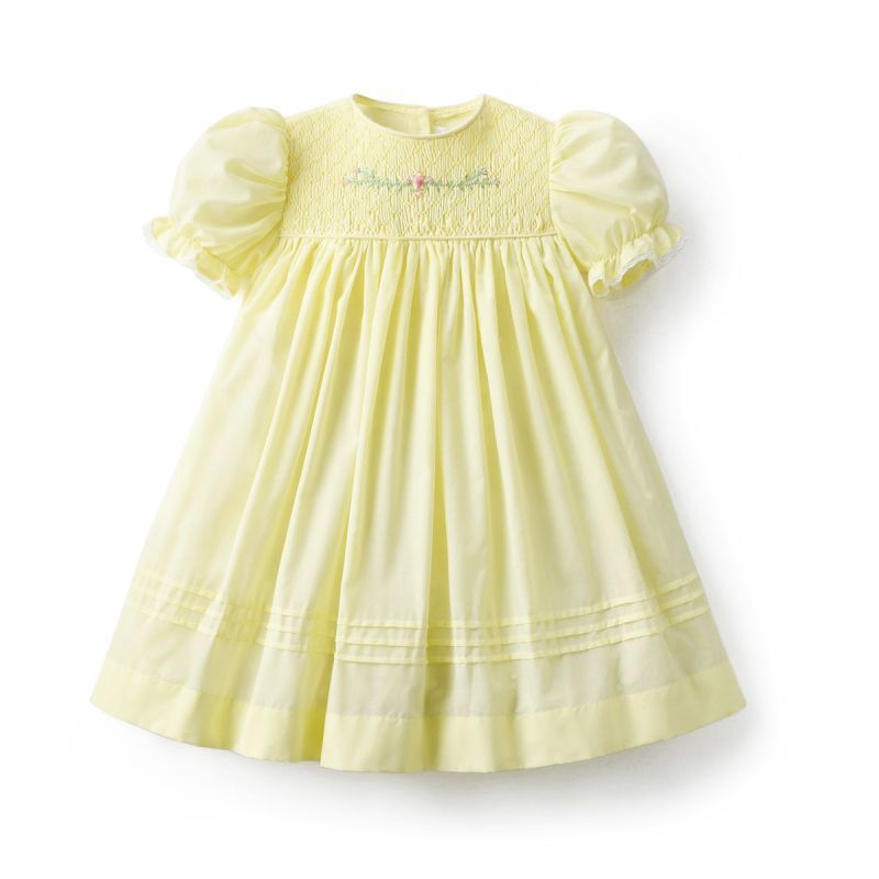 2024 Easter Toddler Gingham Dress Girls Hand Made Smocking Yellow Plaid Frocks Wholesale Children Smocked Dresses