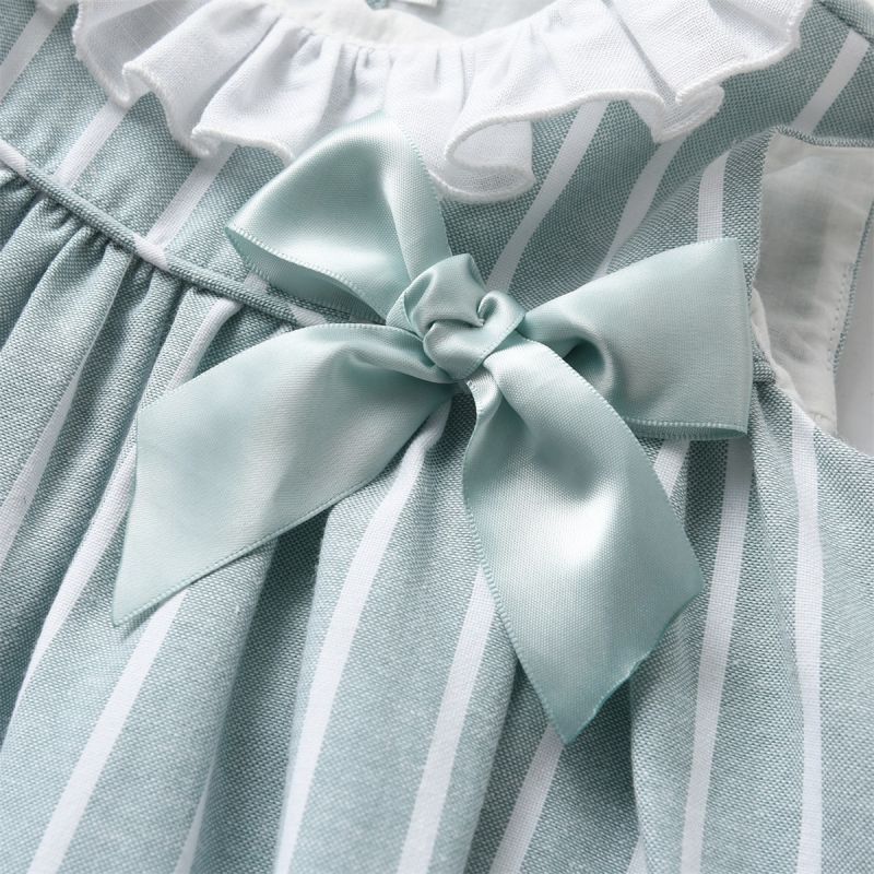 2024 Baby Girl Green Striped Dress Lace Collar Children Spanish Clothes Set 6M-3T Toddler Summer Sleeveless Frocks with Panty