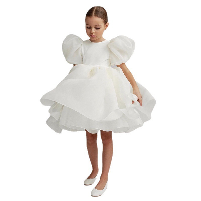 Wholesale Solid Color Ruffle Bow Sleeve Kids Luxury Flower Baby Girls Tutu Dresses Birthday Party Princess Dress For Girl