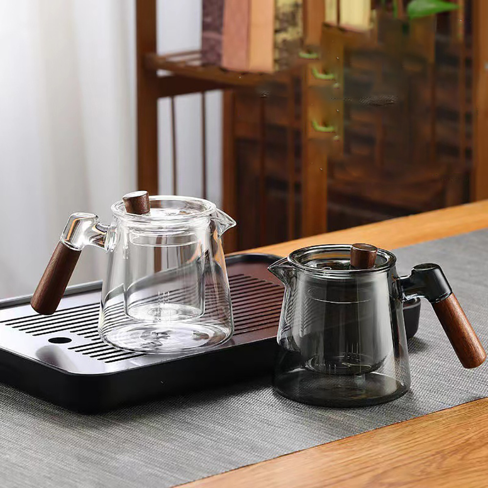 450ml High borosilicate glass smoke grey wood handle Heat Resistant Glass Teapot With infuser Glass Tea Kettle