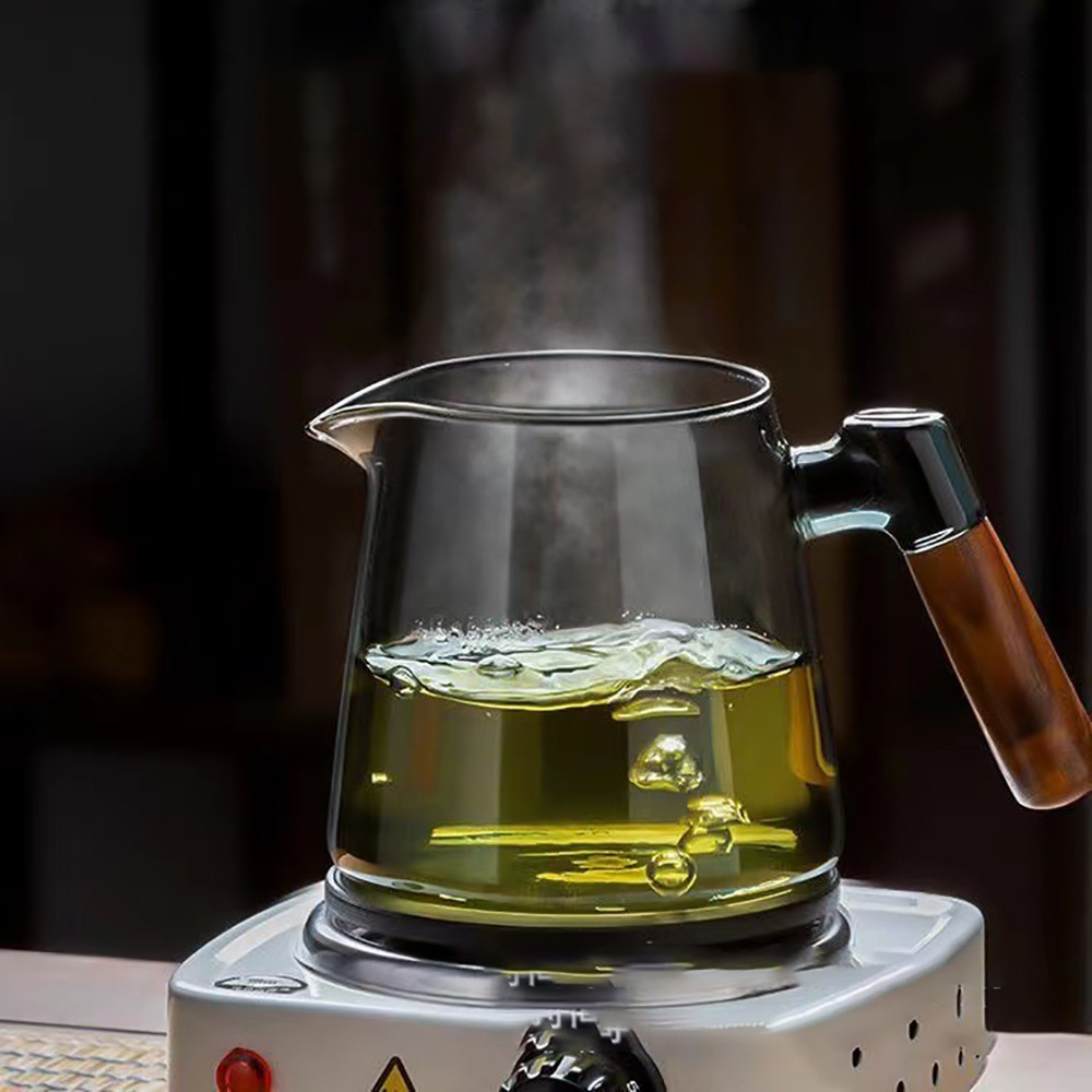 450ml High borosilicate glass smoke grey wood handle Heat Resistant Glass Teapot With infuser Glass Tea Kettle