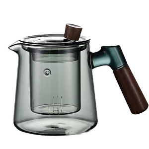 450ml High borosilicate glass smoke grey wood handle Heat Resistant Glass Teapot With infuser Glass Tea Kettle