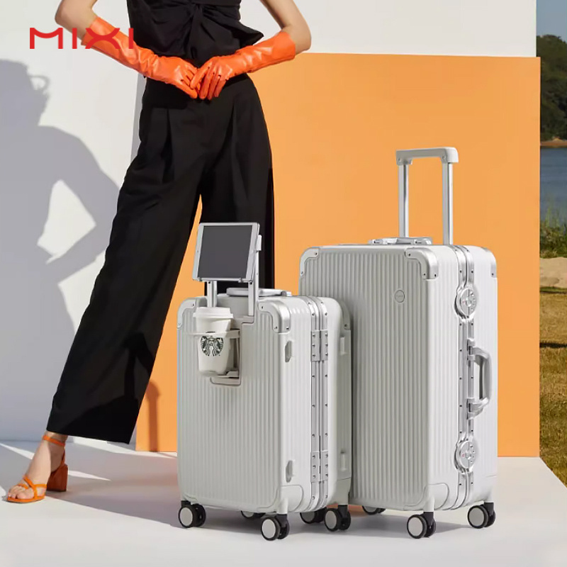 Mixi Wholesale 4 Wheels Phone/Cup Holder Design Aluminum Business Trolley Suitcase Custom Your Own Travel  Luggage With Locks