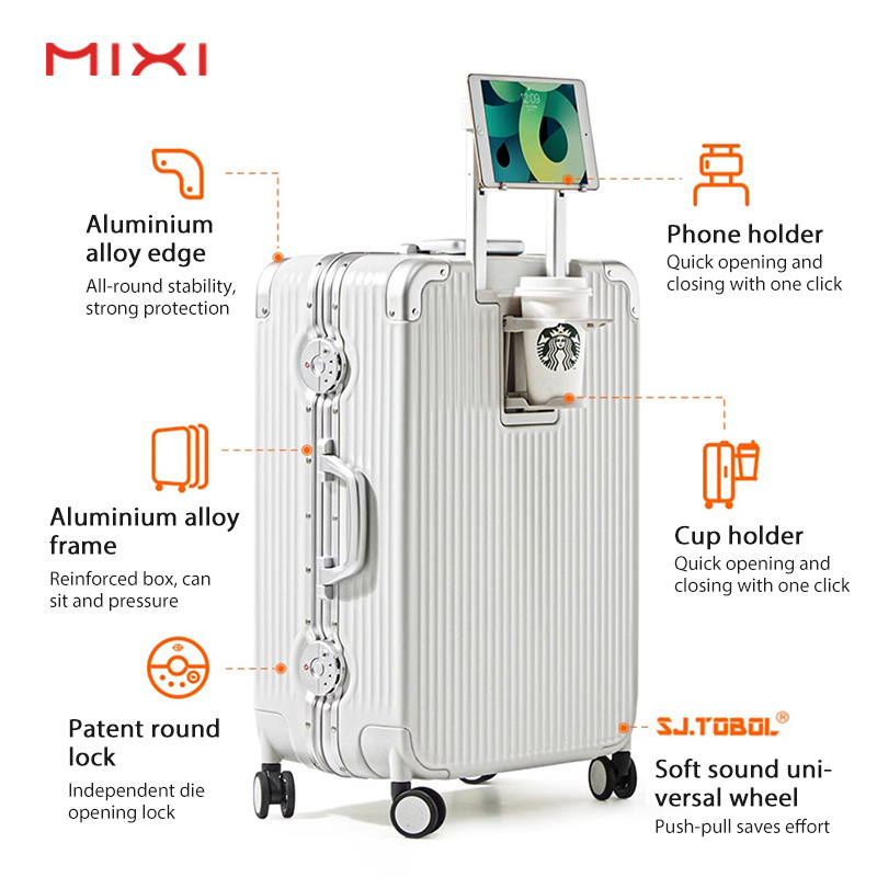 Mixi Wholesale 4 Wheels Phone/Cup Holder Design Aluminum Business Trolley Suitcase Custom Your Own Travel  Luggage With Locks