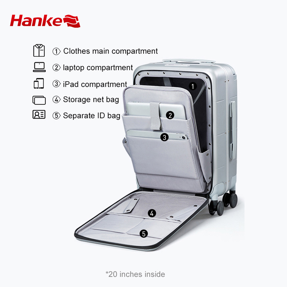 Hanke aluminum trolley suitcase customization easy carry on travel luggage set with mute spinner wheels