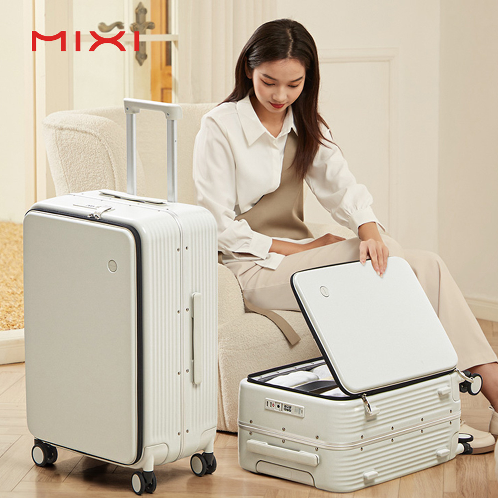 Mixi new designer travel aluminum trolley suitcase USB charge port front open luggage sets with cup holder