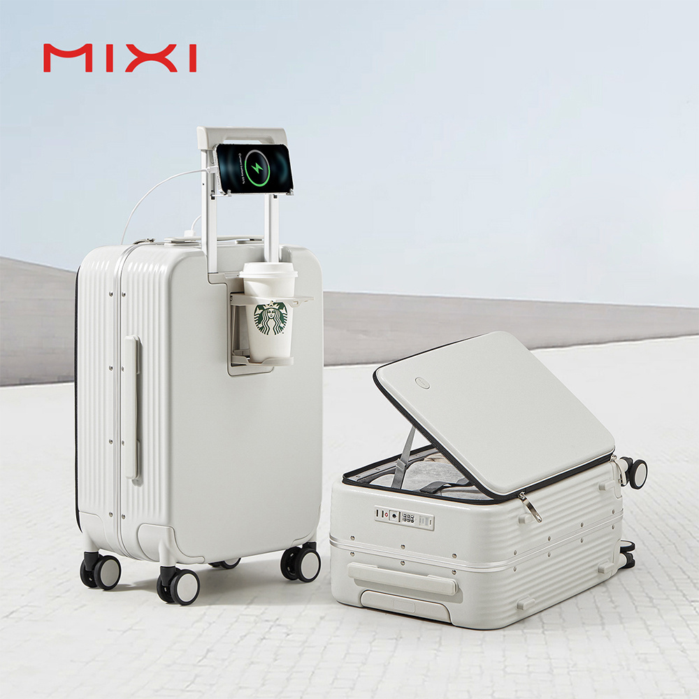 Mixi new designer travel aluminum trolley suitcase USB charge port front open luggage sets with cup holder