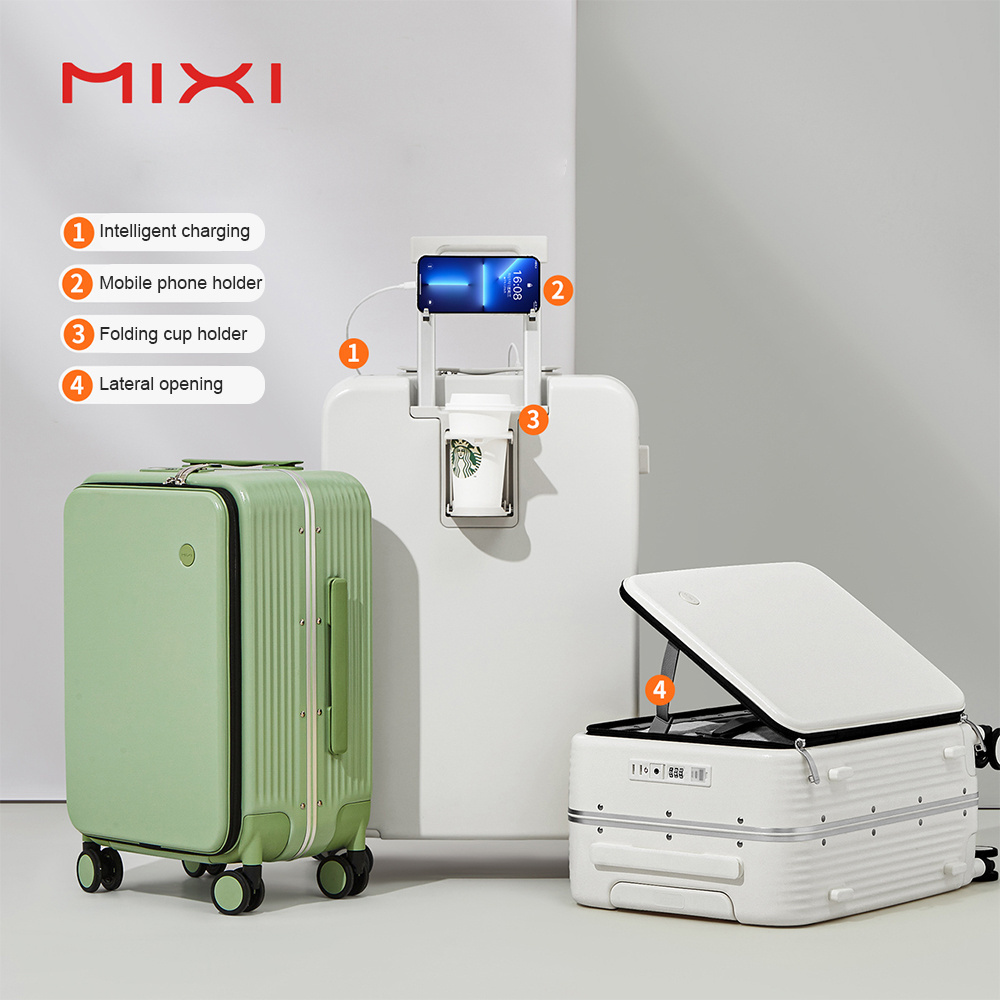 Mixi new designer travel aluminum trolley suitcase USB charge port front open luggage sets with cup holder