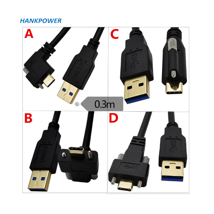 Gold Plated Right Angle USB 3.1 Type C With Screw Locking To Standard USB3.0 Data Cable For Camera