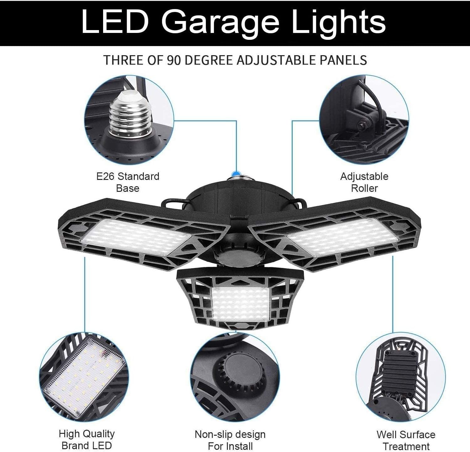 2 Pack LED Garage Light, 60W Beyond Bright Garage Light Deformable Garage Ceiling Lights, 6500K Screw in LED Tri Light