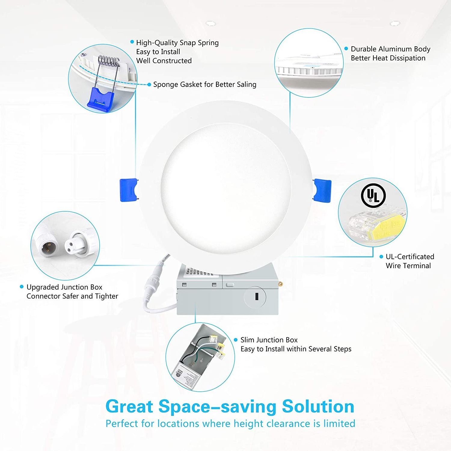 6inch 15W 1050LM LED Dimmable Recessed Slim Pot Light, IC-Rated Ceiling Lighting Canless Downlight with Junction Box