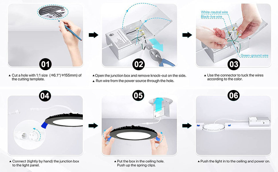 Recessed LED Ceiling Light 6 Inch 5CCT Dimmable 12W Eqv 110W Ultra-Thin Black Led Downlights with Junction Box
