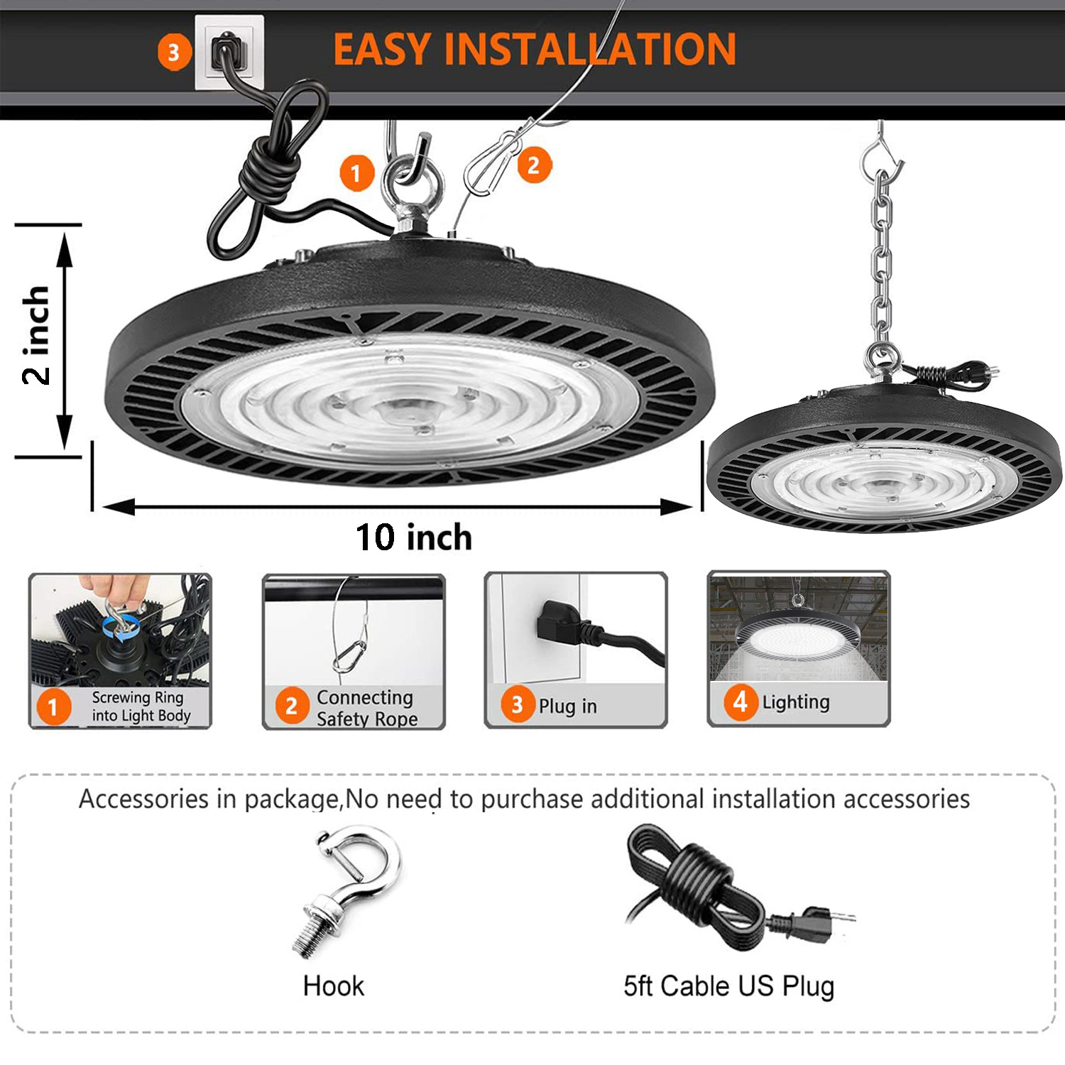 UFO LED High Bay Light with US Plug Cable,IP65 Waterproof Commercial Industrial Market Warehouse Garage Workshop Garage Lamp