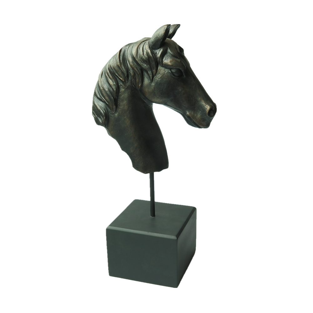 17 Inch Home Decor Resin Antique Horse Head Figurine Decoration Craft Bronze Polyresin Horse Head Staute with Base