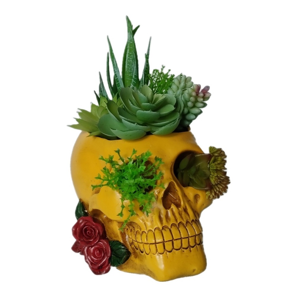 8 Inch Tabletop Decor Resin Skull Heads and Faux Succulent Skull Decor with Rose