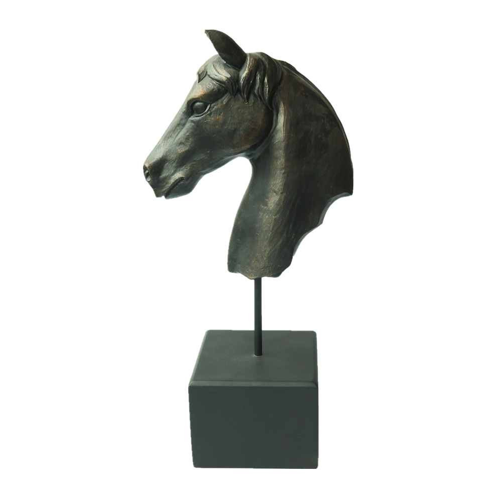 17 Inch Home Decor Resin Antique Horse Head Figurine Decoration Craft Bronze Polyresin Horse Head Staute with Base