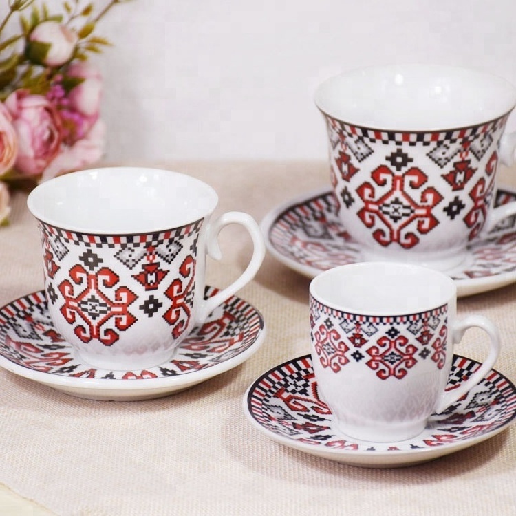 24 pcs Folk vintage style Ethiopian restaurant cafe ceramic espresso coffee tea cup and saucer gift box set