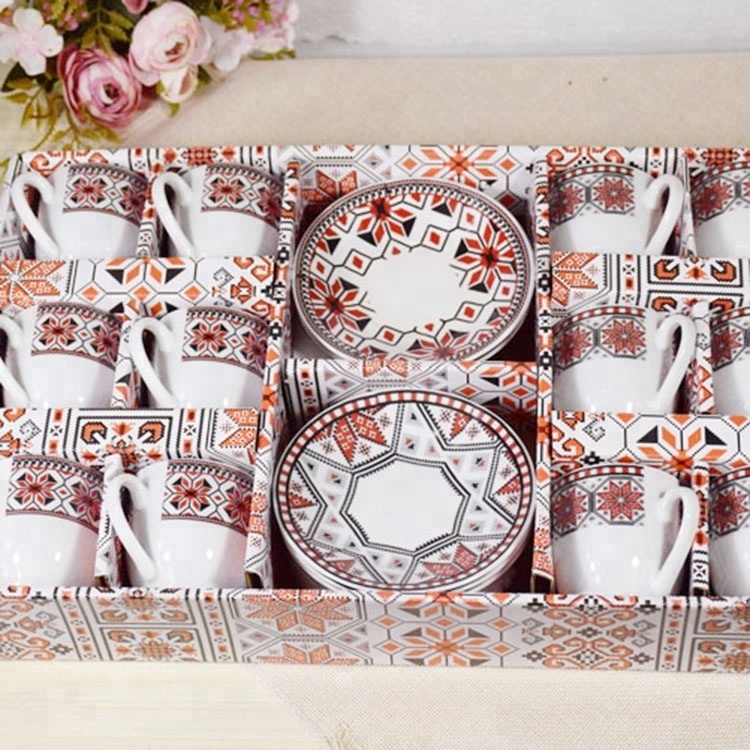 24 pcs Folk vintage style Ethiopian restaurant cafe ceramic espresso coffee tea cup and saucer gift box set