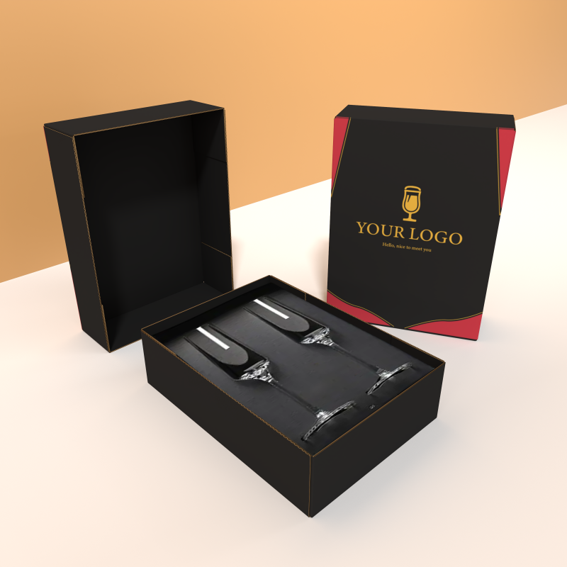 Custom Made Luxury Matt Black Rigid Cardboard Liquor Set Packaging Boxes Champagne Whisky Red Wine Bottles Glass Paper Gift Box