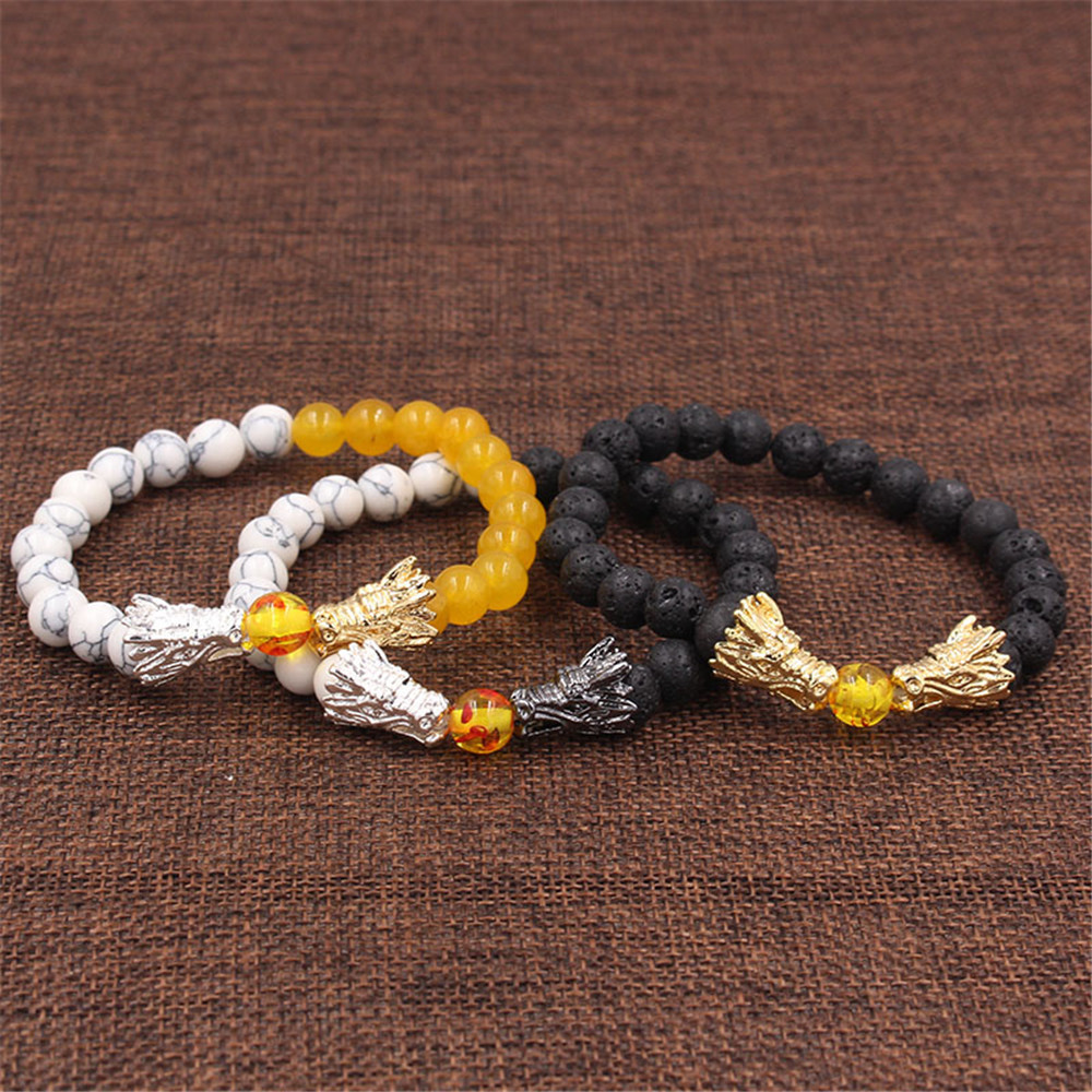 Buddha Dragon Bead Bracelet For Women Natural Black Lava & White Howlite Stone Beads Bracelet Pulseira Masculina Mens Jewelry